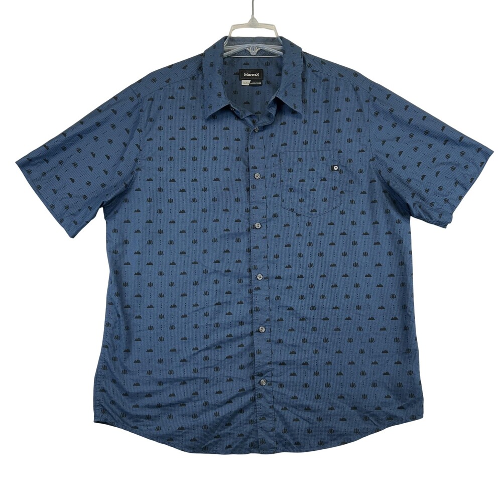 Marmot Shirt Mens XL Blue Mountain Tree Print Short Sleeve Button Up Outdoor